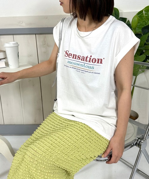 CRB(シーアールビー)の「ロゴフレンチスリーブTシャツ(Tシャツ/カットソー・レディース・ベージュ/オフホワイト/チャコール・F)」の12枚目の写真