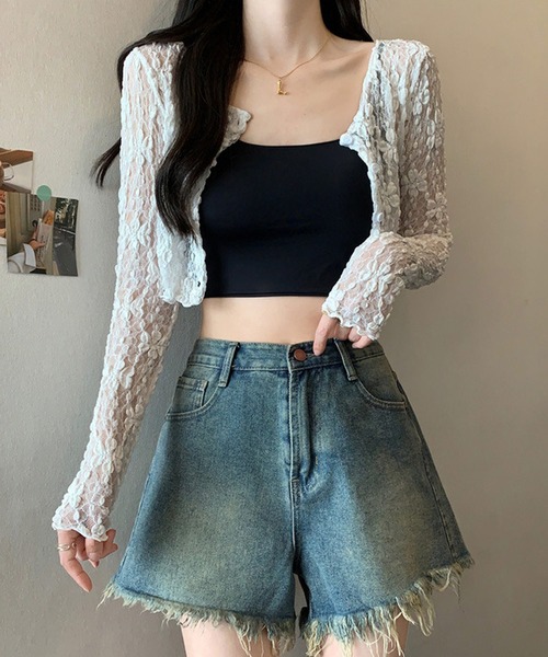 shopnikoniko(ショップニコニコ)の「フラワーレース ショート丈 カーディガン(カーディガン/ボレロ・レディース・ブラック/ホワイト・フリー)」の5枚目の写真