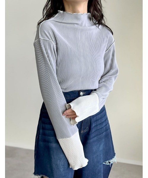 セール】無地or配色切り替えメロープリーツハイネックトップス