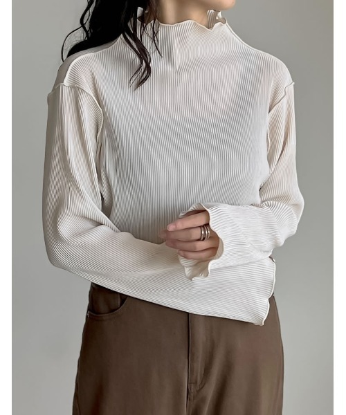 セール】無地or配色切り替えメロープリーツハイネックトップス（T