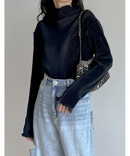 セール】無地or配色切り替えメロープリーツハイネックトップス