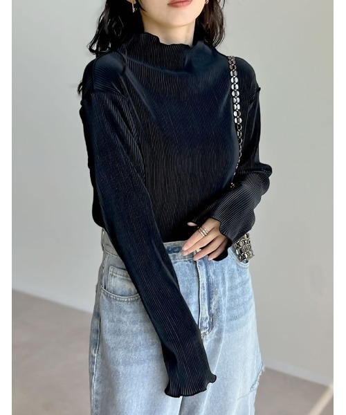 セール】無地or配色切り替えメロープリーツハイネックトップス