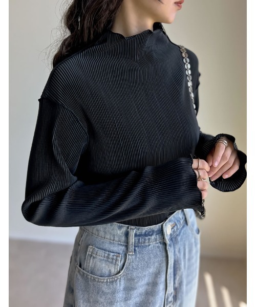 セール】無地or配色切り替えメロープリーツハイネックトップス