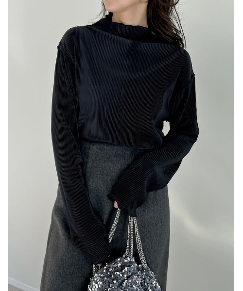 セール】無地or配色切り替えメロープリーツハイネックトップス