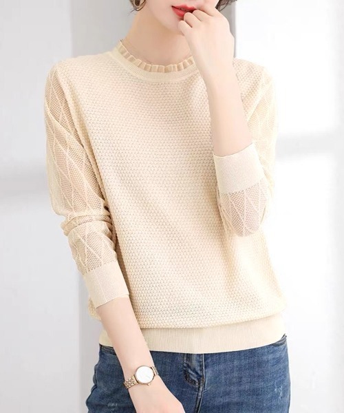 Miniministore(ミニミニストア)の「シースルー袖ニット 異素材ニットトップス(ニット/セーター・レディース・ベージュ/ブルー/ブラック・FREE)」の1枚目の写真