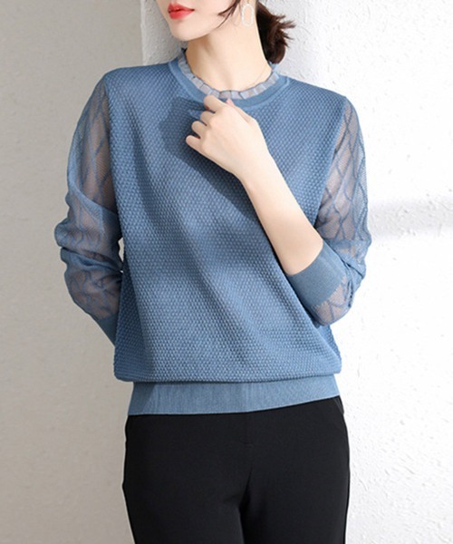 Miniministore(ミニミニストア)の「シースルー袖ニット 異素材ニットトップス(ニット/セーター・レディース・ベージュ/ブルー/ブラック・FREE)」の3枚目の写真