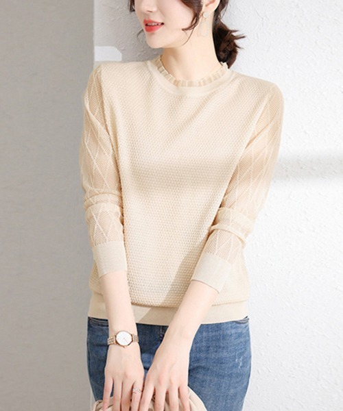 Miniministore(ミニミニストア)の「シースルー袖ニット 異素材ニットトップス(ニット/セーター・レディース・ベージュ/ブルー/ブラック・FREE)」の5枚目の写真