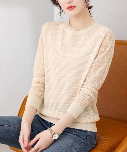 Miniministore(ミニミニストア)の「シースルー袖ニット 異素材ニットトップス(ニット/セーター・レディース・ベージュ/ブルー/ブラック・FREE)」の8枚目の写真
