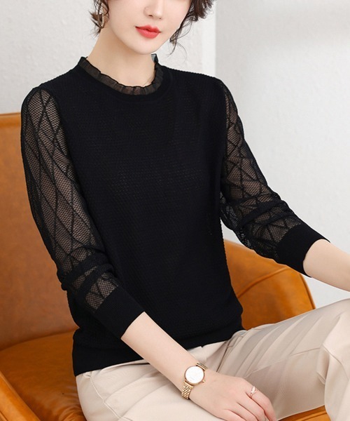 Miniministore(ミニミニストア)の「シースルー袖ニット 異素材ニットトップス(ニット/セーター・レディース・ベージュ/ブルー/ブラック・FREE)」の10枚目の写真