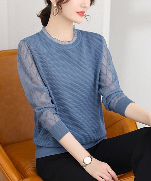 Miniministore(ミニミニストア)の「シースルー袖ニット 異素材ニットトップス(ニット/セーター・レディース・ベージュ/ブルー/ブラック・FREE)」の13枚目の写真