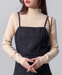 【伸縮性有/袖丈長め】長袖 タユミスリーブ ハイネック 極細リブ モチモチ ニット トップス レディース