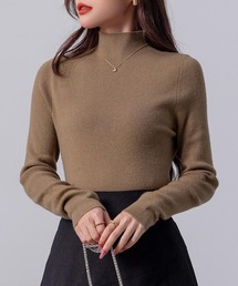【伸縮性有/袖丈長め】長袖 タユミスリーブ ハイネック 極細リブ モチモチ ニット トップス レディース
