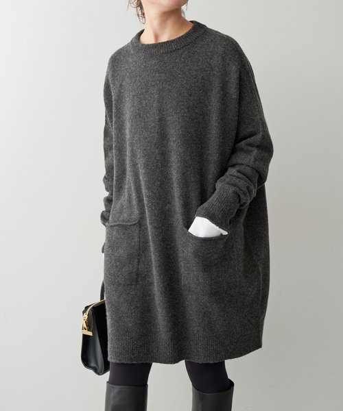 スピック&スパン 24AW クルーネックワイドチュニックプルオーバー ニット セーター 長袖 チャコールグレー 24080200559140 レディース Spick & Span - スピック&スパン 24AW クルーネック ワイド