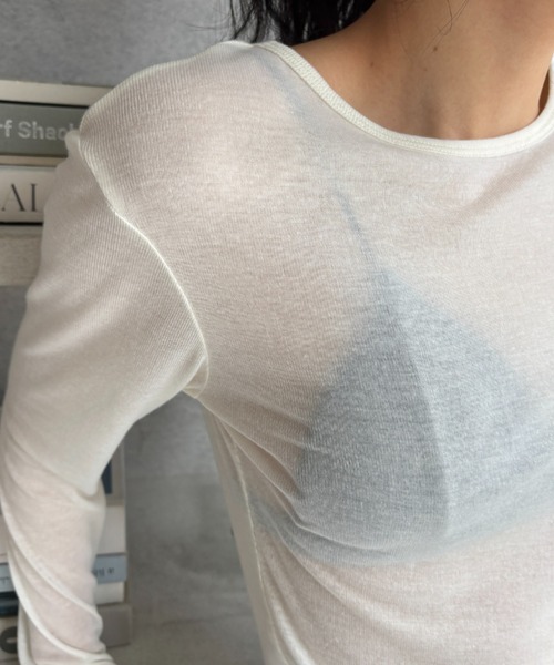 FUULLY STUDIO（フーリィーステューディオ）の「シアーロングスリーブTEE（Tシャツ/カットソー・レディース・オフホワイト/ブラック/ネイビー/ベージュ・FREE）」の8枚目の写真