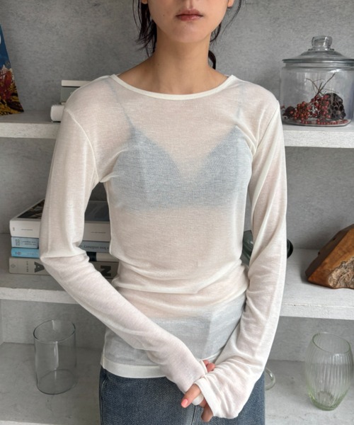 FUULLY STUDIO（フーリィーステューディオ）の「シアーロングスリーブTEE（Tシャツ/カットソー・レディース・オフホワイト/ブラック/ネイビー/ベージュ・FREE）」の11枚目の写真