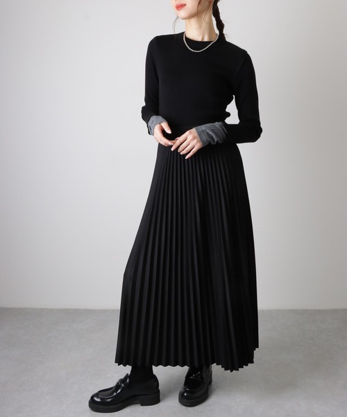 【新作！】 MARK&ELONA ブラック プリーツスカート pleated elastic waist long skirt /プリーツ ウエストゴム ロング