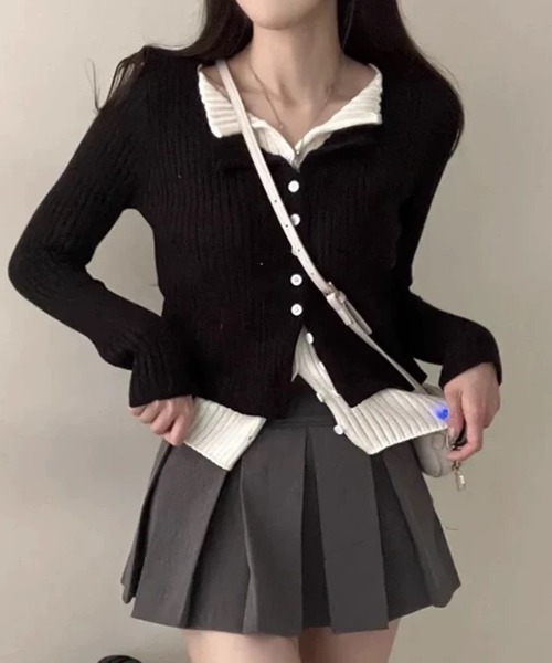 AsRiRe（アスリレイ）の「新色追加/レイヤード風配色ニットカーディガン（ニット/セーター・レディース・ライトグレー/ブラック/ダークグレー/レッド/ベージュ/ホワイト・M）」の11枚目の写真