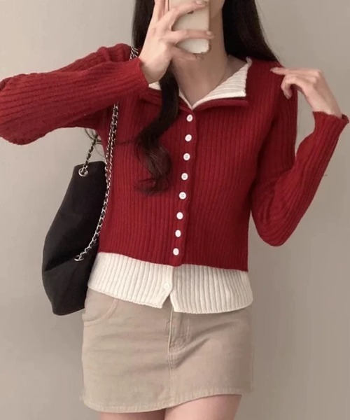 AsRiRe（アスリレイ）の「新色追加/レイヤード風配色ニットカーディガン（ニット/セーター・レディース・ライトグレー/ブラック/ダークグレー/レッド/ベージュ/ホワイト・M）」の12枚目の写真