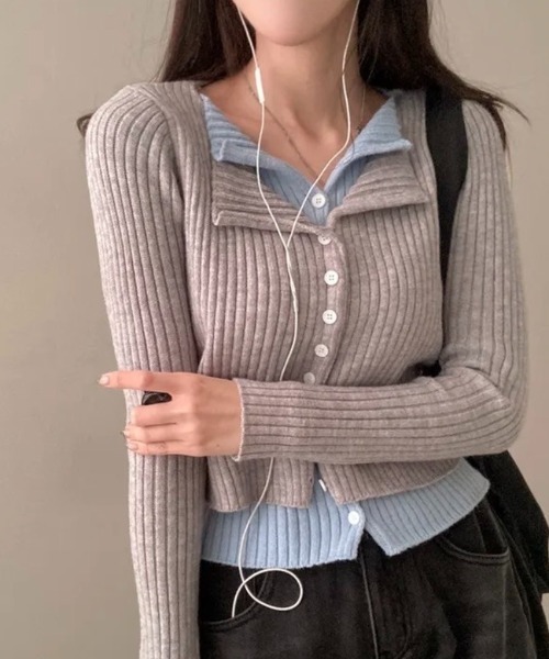 AsRiRe（アスリレイ）の「新色追加/レイヤード風配色ニットカーディガン（ニット/セーター・レディース・ライトグレー/ブラック/ダークグレー/レッド/ベージュ/ホワイト・M）」の13枚目の写真