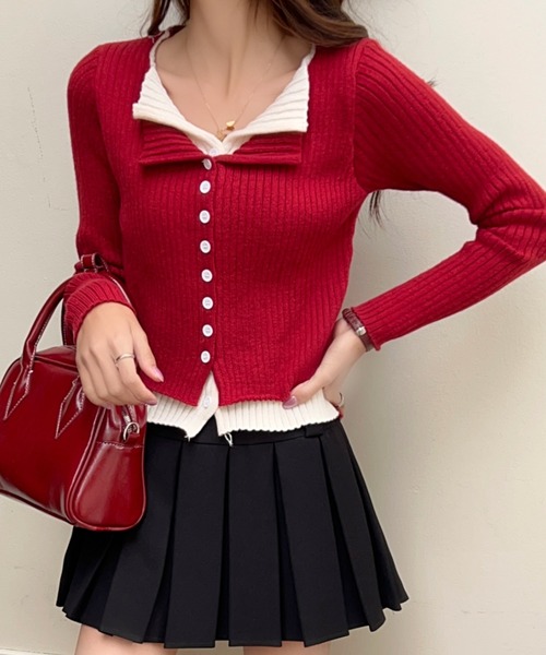 AsRiRe（アスリレイ）の「新色追加/レイヤード風配色ニットカーディガン（ニット/セーター・レディース・ライトグレー/ブラック/ダークグレー/レッド/ベージュ/ホワイト・M）」の20枚目の写真