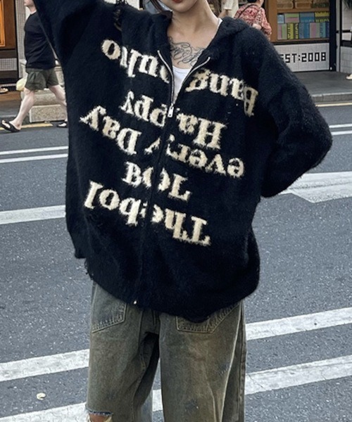 MASHIRO(マシロ)の「【MASHIRO】ダメージ加工ニットロゴジップルーズパーカー/グランジ Y2K(MA/EK92)(パーカー・レディース・ブラック/グレー・FREE)」の15枚目の写真