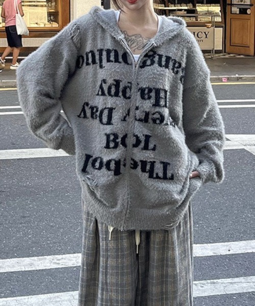 MASHIRO(マシロ)の「【MASHIRO】ダメージ加工ニットロゴジップルーズパーカー/グランジ Y2K(MA/EK92)(パーカー・レディース・ブラック/グレー・FREE)」の12枚目の写真