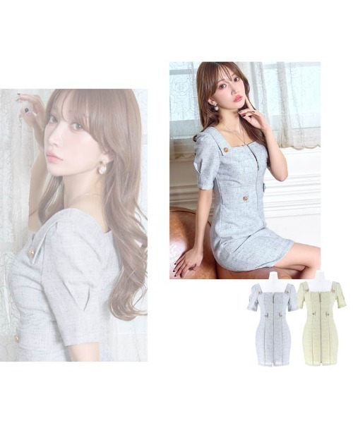 DAZZY(デイジー)の「【韓国お姉さん風スタイル】品よく色っぽい!スクエアネックツイードジップ半袖タイトミニキャバドレス(ドレス・レディース・グリーン/ブルー・L/LL/M/S)」の12枚目の写真