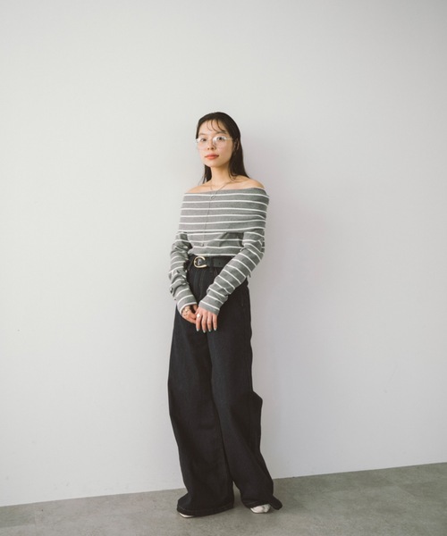 ボーダーオフショルカットトップス（Tシャツ/カットソー