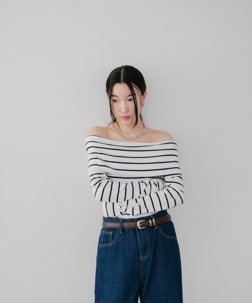 ボーダーオフショルカットトップス（Tシャツ/カットソー