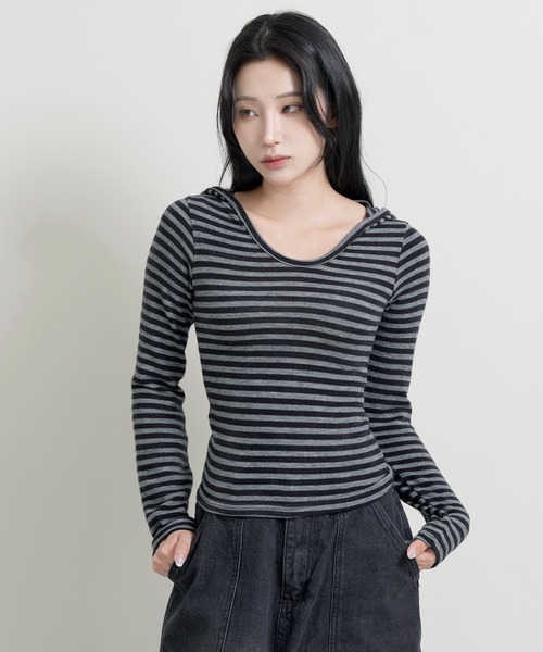 FOLLOWIN(フォロウィン)の「ラウンドネックボーダーフーディー(Tシャツ/カットソー・レディース・チャコール/ブラウン/ブラック・FREE)」の20枚目の写真