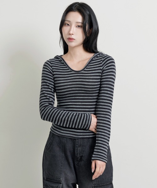 FOLLOWIN(フォロウィン)の「ラウンドネックボーダーフーディー(Tシャツ/カットソー・レディース・チャコール/ブラウン/ブラック・FREE)」の21枚目の写真