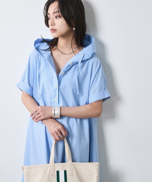 CHIC STYLE（シックスタイル）の「綿100％フレンチスリーブパーカーマキシワンピース＜大きいサイズ有＞シックスタイル（ワンピース・レディース・ベージュ系/ネイビー/ブルー系・3L/LL/L/M/5L/4L）」の6枚目の写真