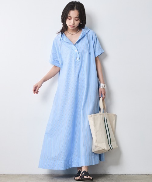 CHIC STYLE（シックスタイル）の「綿100％フレンチスリーブパーカーマキシワンピース＜大きいサイズ有＞シックスタイル（ワンピース・レディース・ベージュ系/ネイビー/ブルー系・3L/LL/L/M/5L/4L）」の5枚目の写真