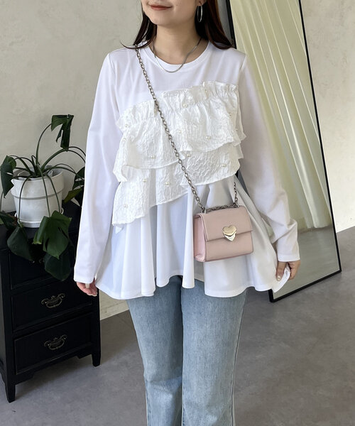 prose verse（プロズヴェール）の「パールフリルギャザーペプラムロンT（Tシャツ/カットソー・レディース・ブラック/オフホワイト・MEDIUM/LARGE）」の5枚目の写真