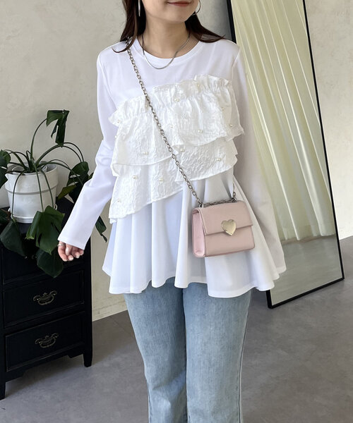 prose verse（プロズヴェール）の「パールフリルギャザーペプラムロンT（Tシャツ/カットソー・レディース・ブラック/オフホワイト・MEDIUM/LARGE）」の7枚目の写真