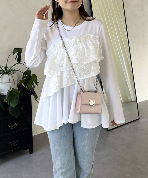 人気商品の入荷速報 入荷Now パールフリルギャザーペプラムロンT（Tシャツ/カットソー トップス