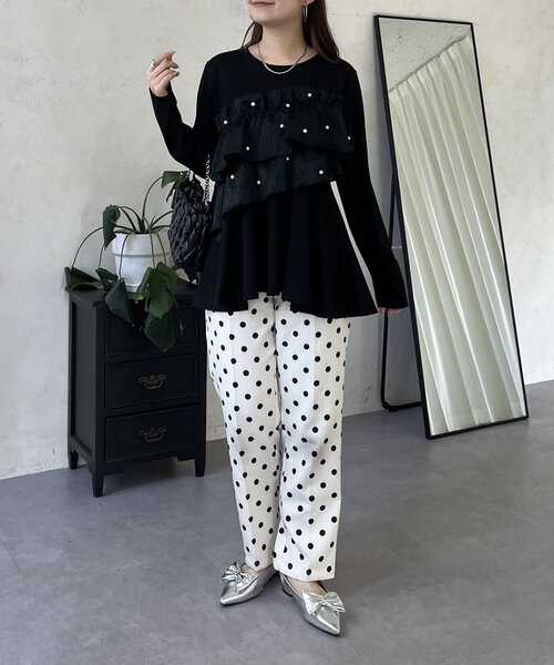 プロズヴェール　パールフリルギャザーペプラムロンT ブラックL パールフリルギャザーペプラムロンT（Tシャツ/カットソー
