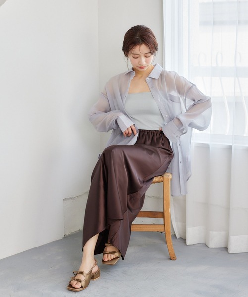 mysty woman(ミスティウーマン)の「【ウエストオールゴムで着脱楽ちん!】【WEB限定】サテンフレアスカート 452421(スカート・レディース・ブラウン/アイボリー/ブラック/ライトベージュ・FREE)」の8枚目の写真