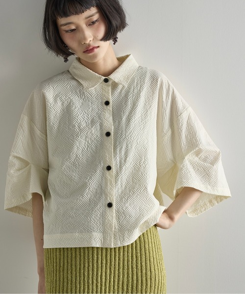 セール】タックハーフスリーブシアサッカークロップドシャツ（シャツ