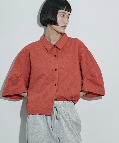 THE YOn(ザヨン)の「タックハーフスリーブサッカークロップドシャツ(シャツ/ブラウス・レディース・アイボリー/ブラック/ブラウン/ピンク/レッド/サックスブルー・FREE)」の7枚目の写真