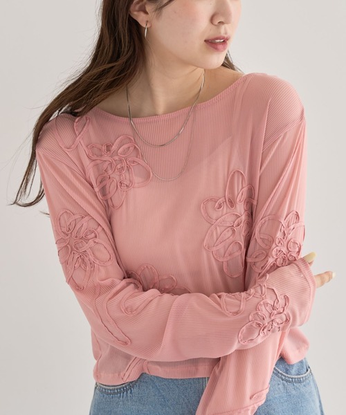 ELENCARE DUE（エレンカーレデュエ）の「・ELENCARE DUE コード刺繍シアーロンT（Tシャツ/カットソー・レディース・オフホワイト/チャコールグレー/ブラック/ピンク・FREE）」の4枚目の写真