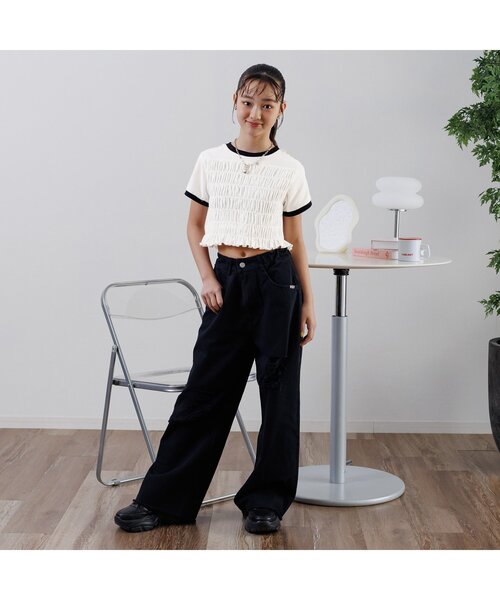 algy（アルジー）の「クロップドシャーリングライン半袖T（Tシャツ/カットソー・キッズ・ブラック/サックスブルー/オフホワイト・XX-SMALL/X-SMALL/MEDIUM/SMALL）」の4枚目の写真