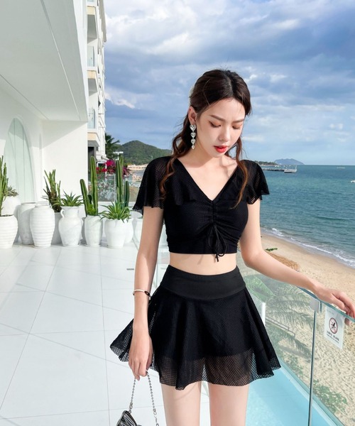 DEVICE（デバイス）の「レディースセット水着 バックリボン フリル ハイウエストスカート タンキニ スイムウェア（水着・レディース・ホワイト/ブラック・FREE）」の6枚目の写真