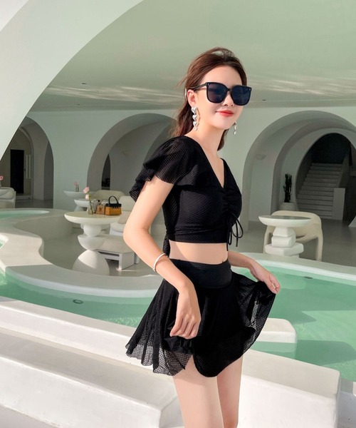 DEVICE（デバイス）の「レディースセット水着 バックリボン フリル ハイウエストスカート タンキニ スイムウェア（水着・レディース・ホワイト/ブラック・FREE）」の8枚目の写真