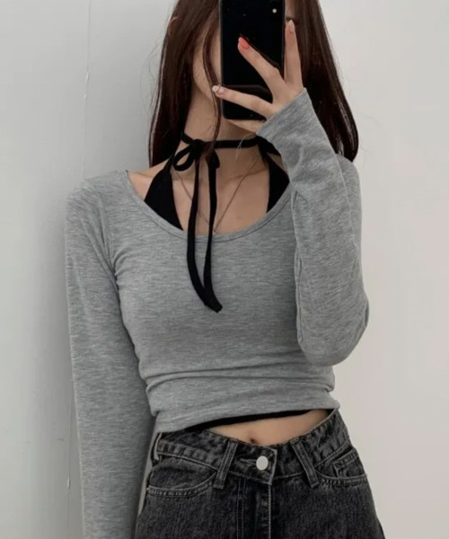 VIVID LADY(ビビッドレディー)の「ショート丈 ロング Tシャツ(Tシャツ/カットソー・レディース・ホワイト/グレー/ブラック・FREE)」の12枚目の写真