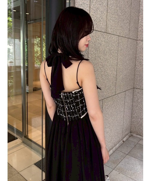 L.B CANDY STOCK]ツイードコンビホルターネックワンピース