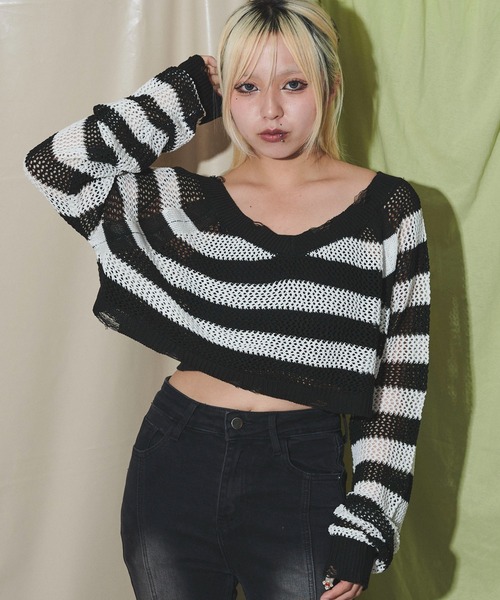 dispark（ディスパーク）の「DISPARK/ダメージボーダーショートニット（ニット/セーター・レディース・ブラウン/ブラック・FREE）」の8枚目の写真