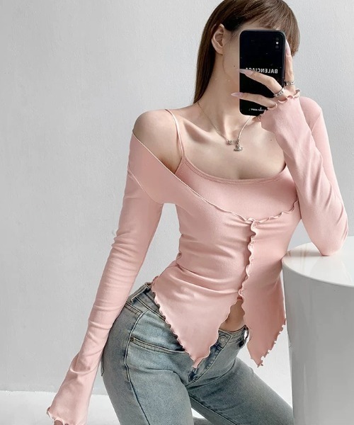 Sibra（シブラ）の「カップ付き2点セットカーデ＆キャミ（Tシャツ/カットソー・レディース・アイボリー/ブラック/ピンク/グレー/ブルー・M）」の5枚目の写真