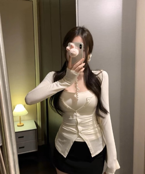 Sibra（シブラ）の「カップ付き2点セットカーデ＆キャミ（Tシャツ/カットソー・レディース・アイボリー/ブラック/ピンク/グレー/ブルー・M）」の8枚目の写真