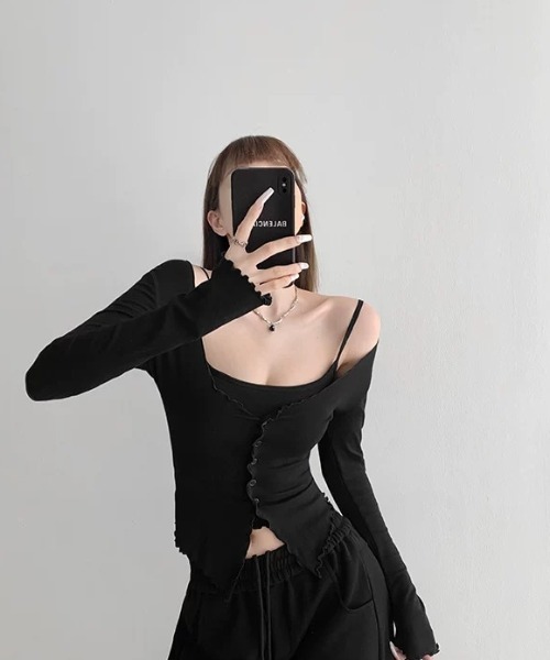 Sibra（シブラ）の「カップ付き2点セットカーデ＆キャミ（Tシャツ/カットソー・レディース・アイボリー/ブラック/ピンク/グレー/ブルー・M）」の13枚目の写真